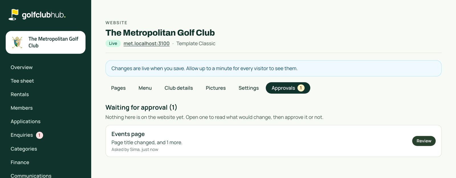 Ivano's Approvals list: the Events page waiting, asked by Sima