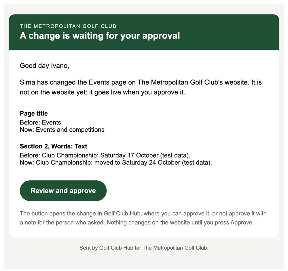 The approval email: Sima has changed the Events page, with before and after, and a Review and approve button