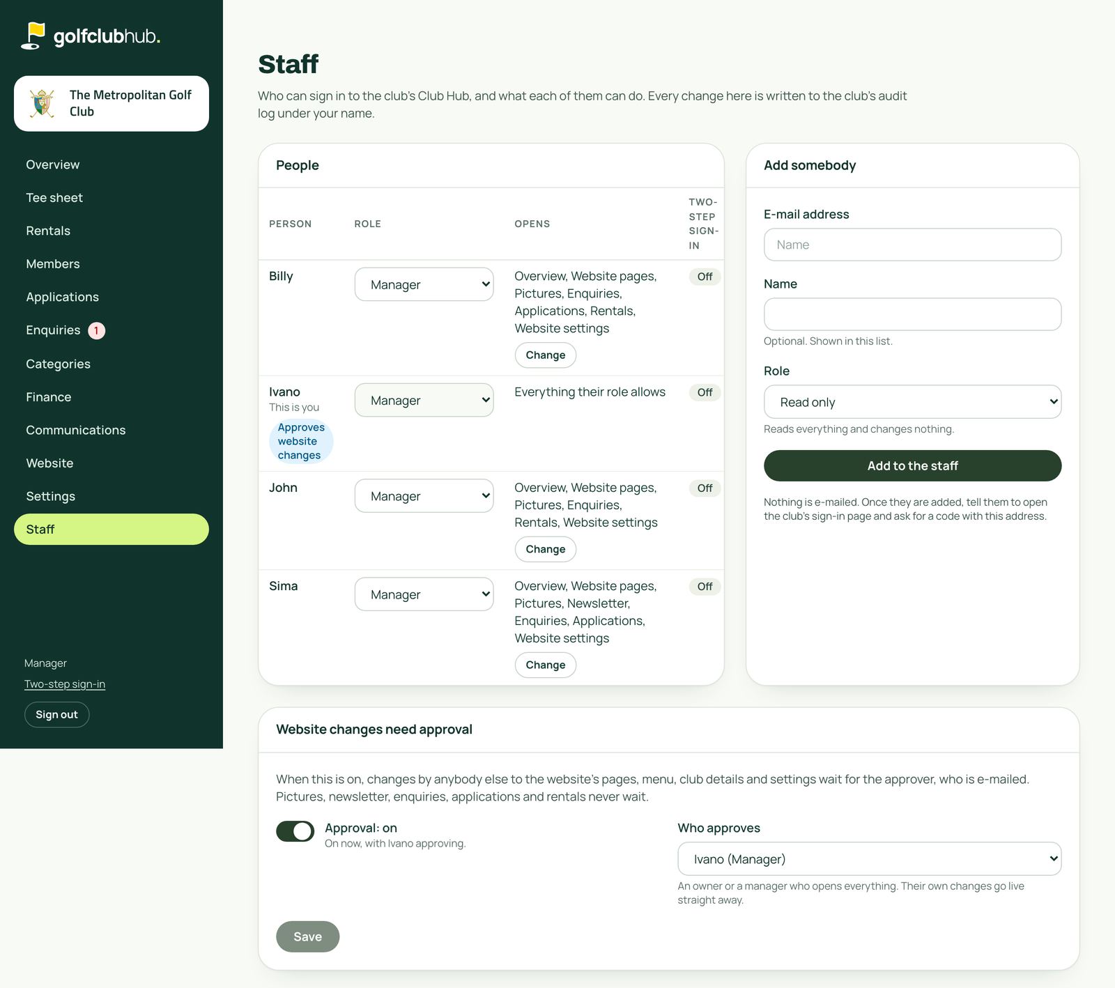 Club Hub Staff screen: Billy, Ivano, John and Sima with what each opens, Ivano marked as approving website changes, and approval switched on